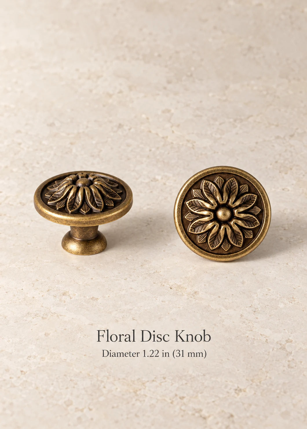 Antique brass floral disc knob, diameter 1.22 in (31 mm)