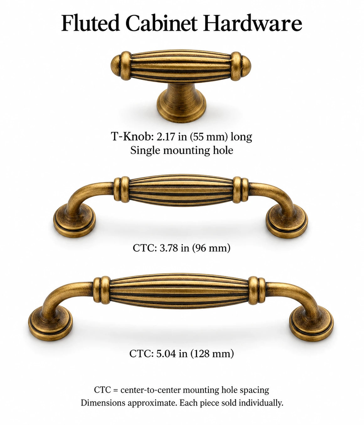 Fluted pull CTC measurements and T-knob length in inches and mm