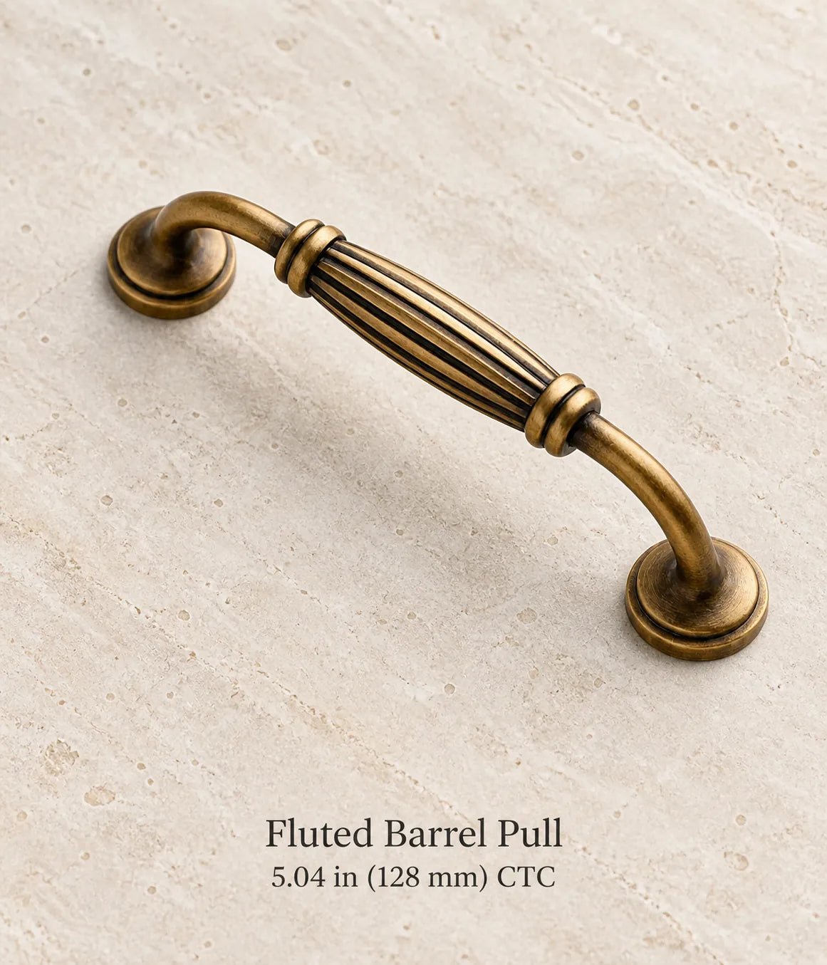 Antique brass fluted barrel pull, 5.04 in (128 mm) CTC