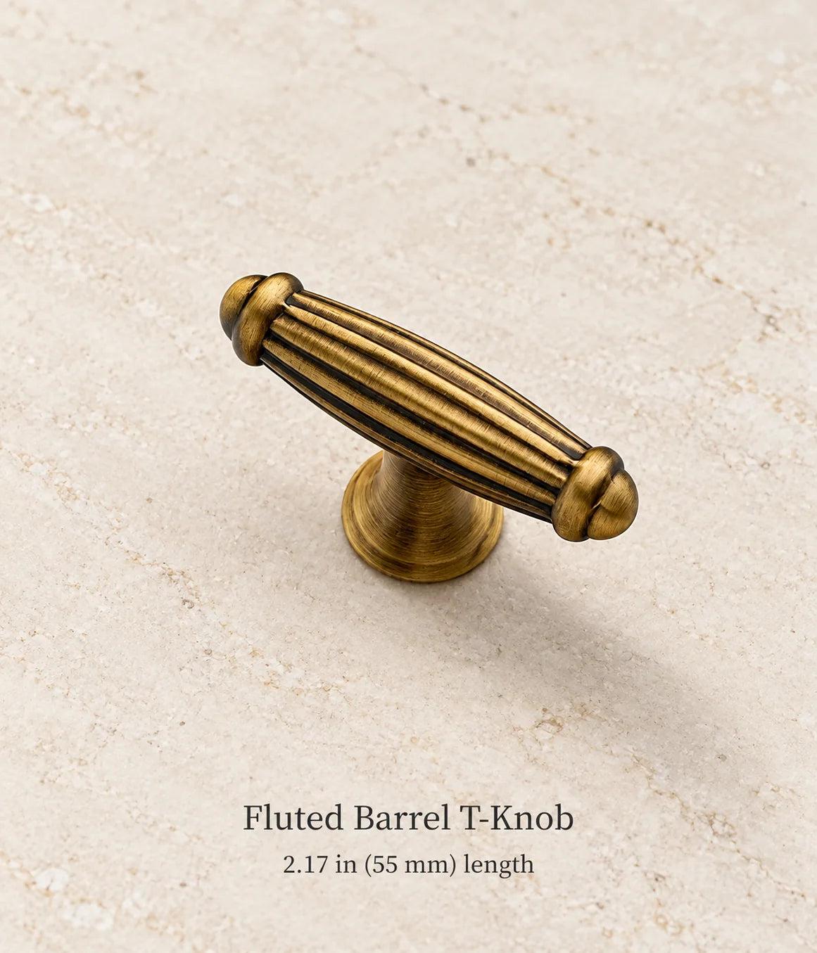 Antique brass fluted barrel t-knob, 2.17 in (55 mm) length