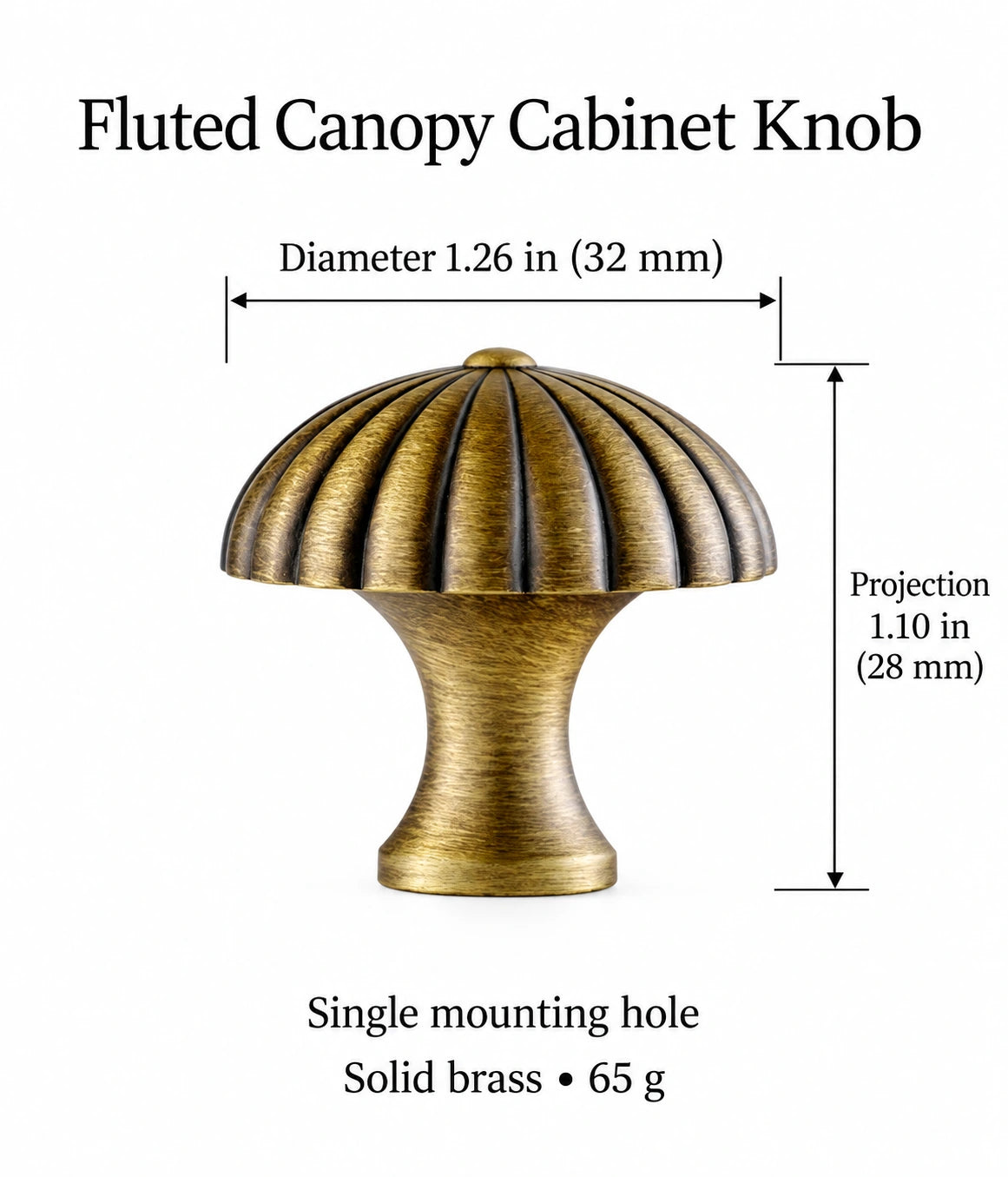 Antique brass fluted canopy knob size guide: 32 mm diameter and 28 mm projection, with inch conversions