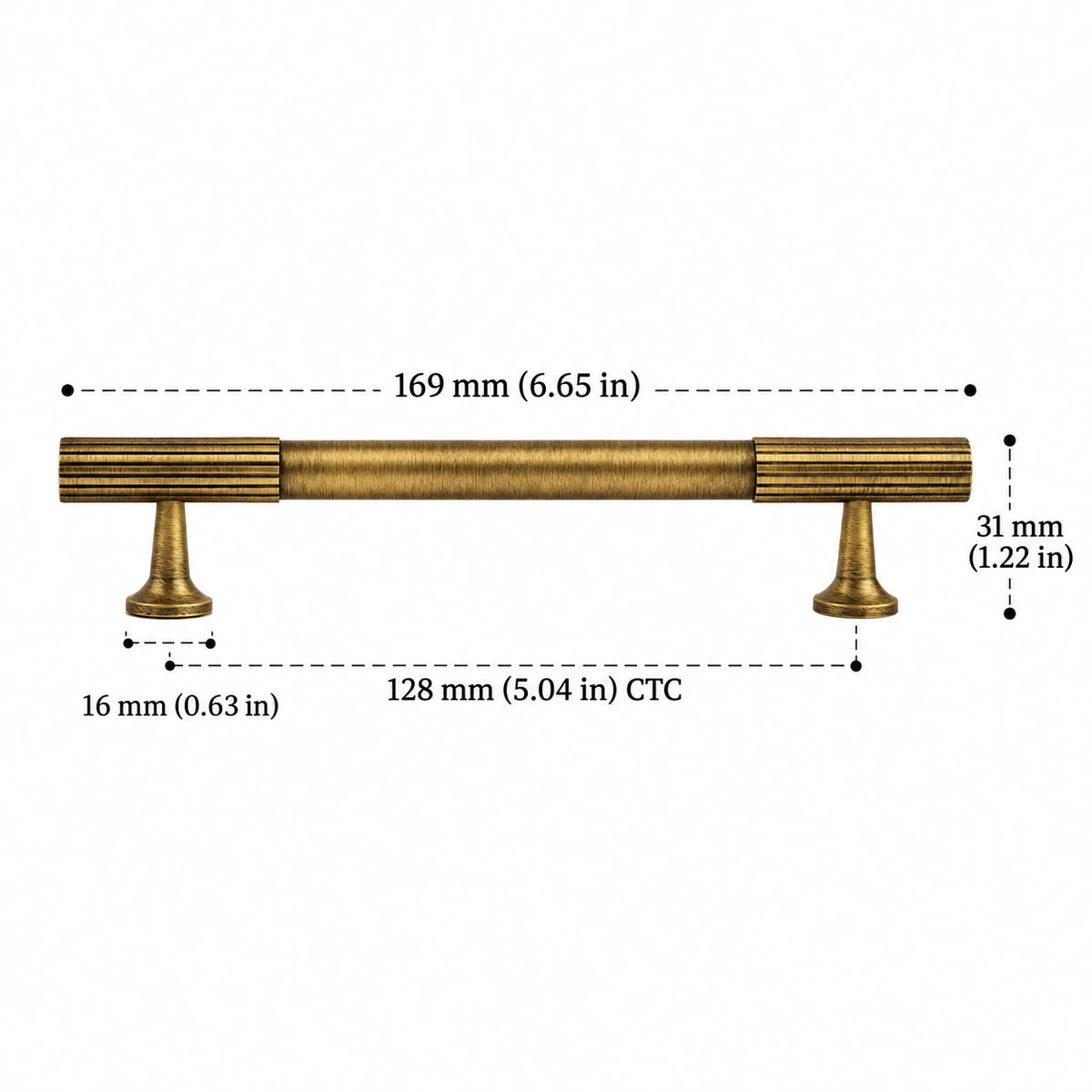 Antique brass fluted end pull with 128 mm CTC, dimensions in inches and mm