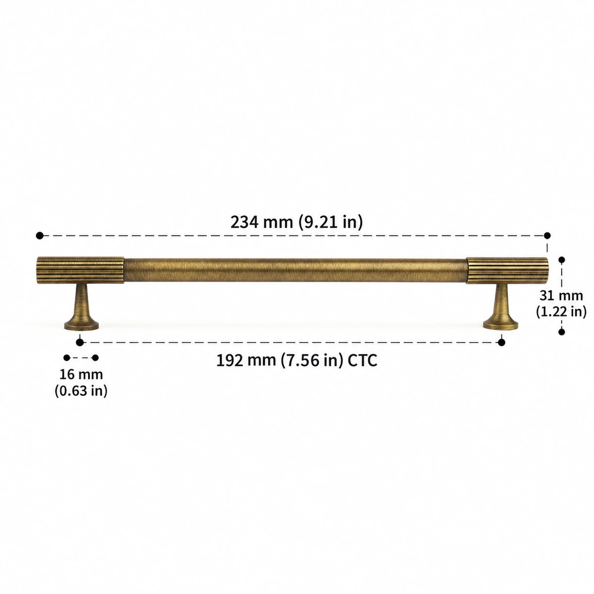 Antique brass fluted end pull with 192 mm CTC, dimensions in inches and mm
