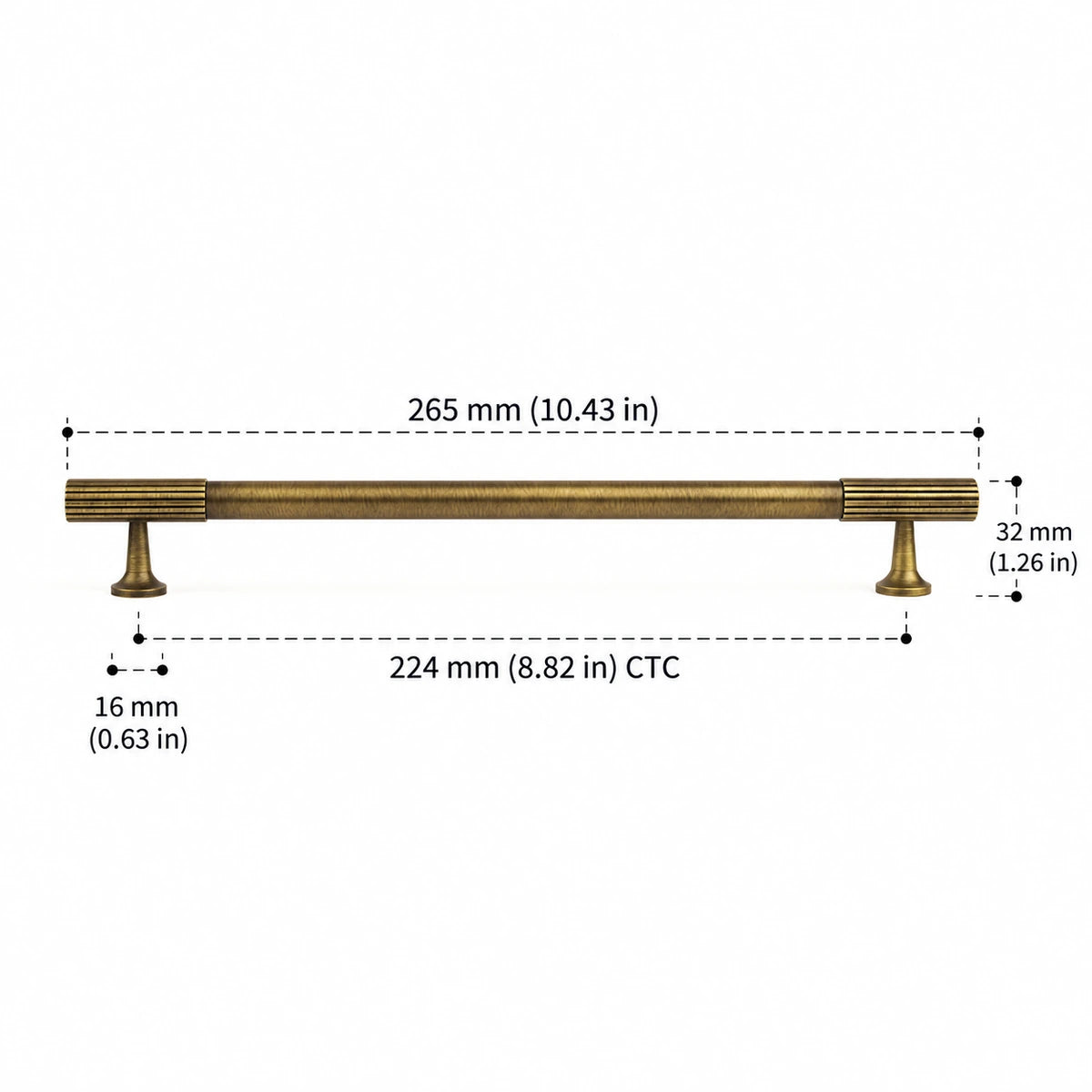 Antique brass fluted end pull with 224 mm CTC, dimensions in inches and mm
