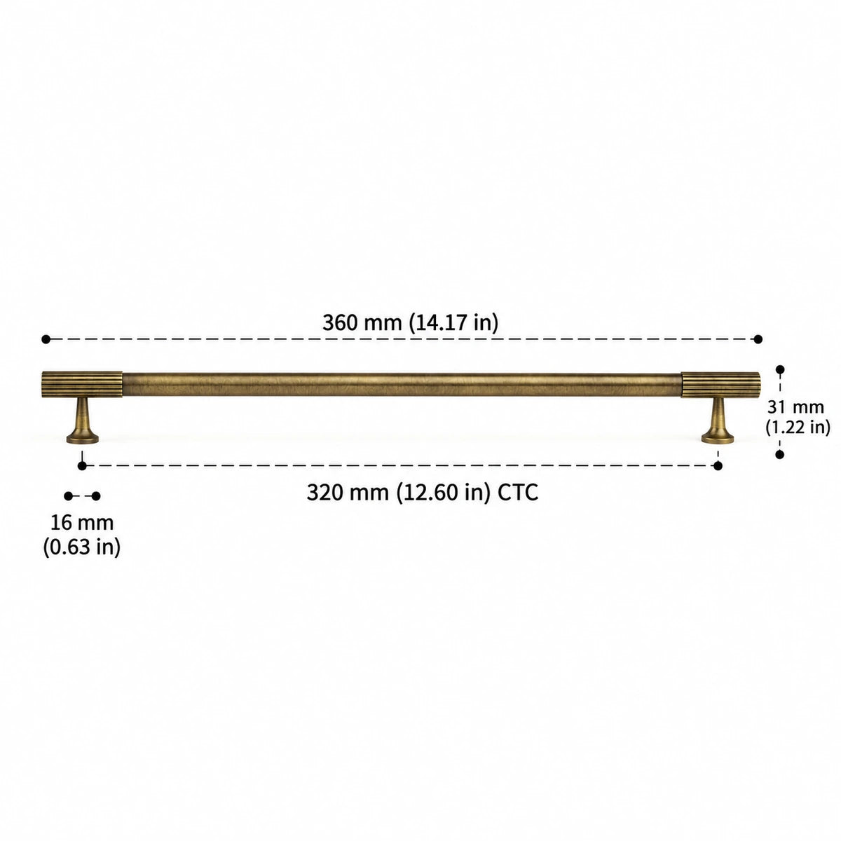 Antique brass fluted end pull with 320 mm CTC, dimensions in inches and mm