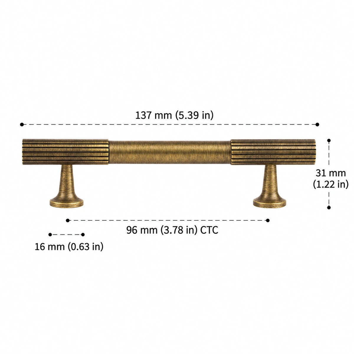 Antique brass fluted end pull with 96 mm CTC, dimensions in inches and mm