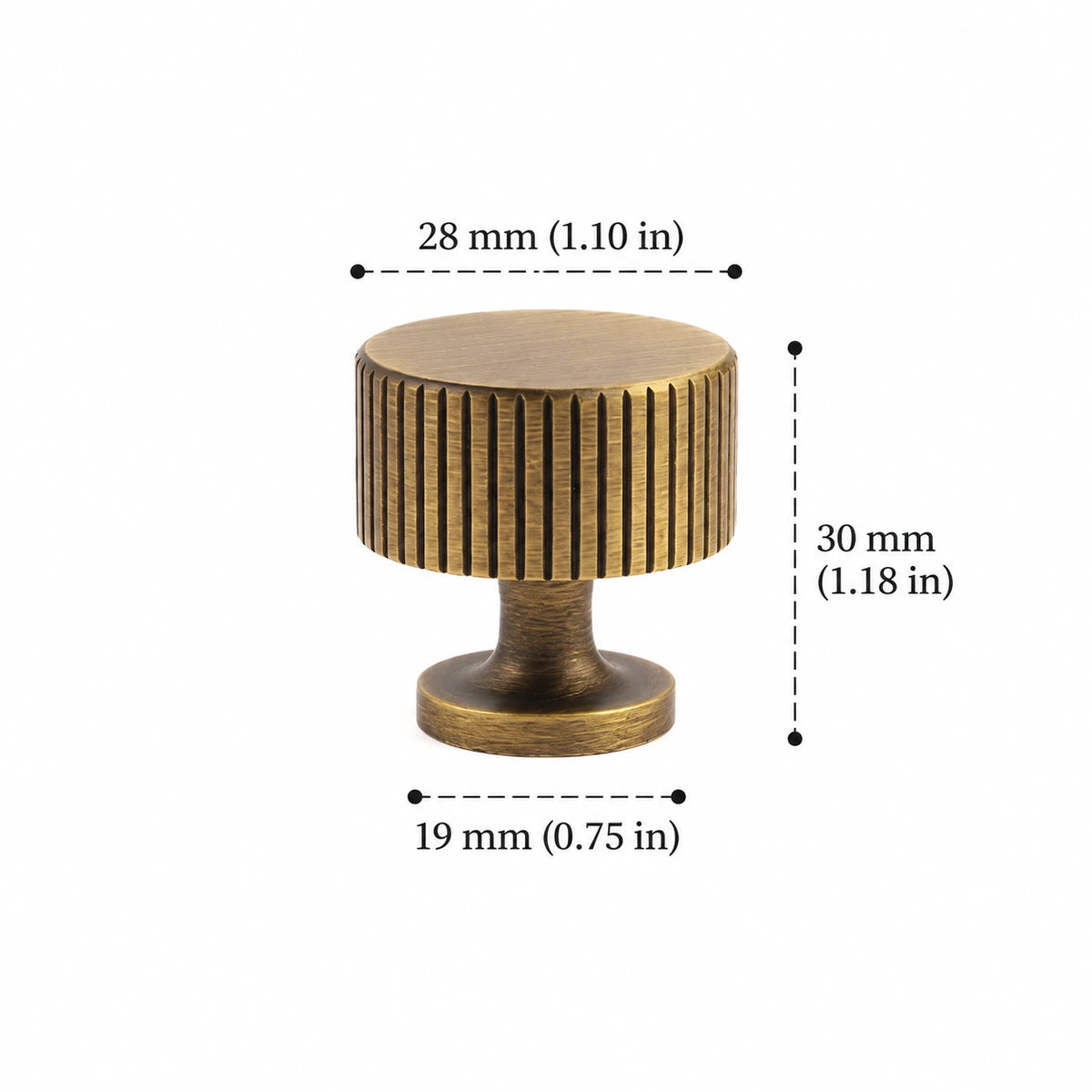 Antique brass fluted drum knob with 28 mm diameter, dimensions in inches and mm