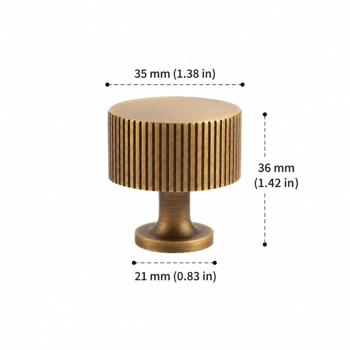 Antique brass fluted drum knob with 35 mm diameter, dimensions in inches and mm