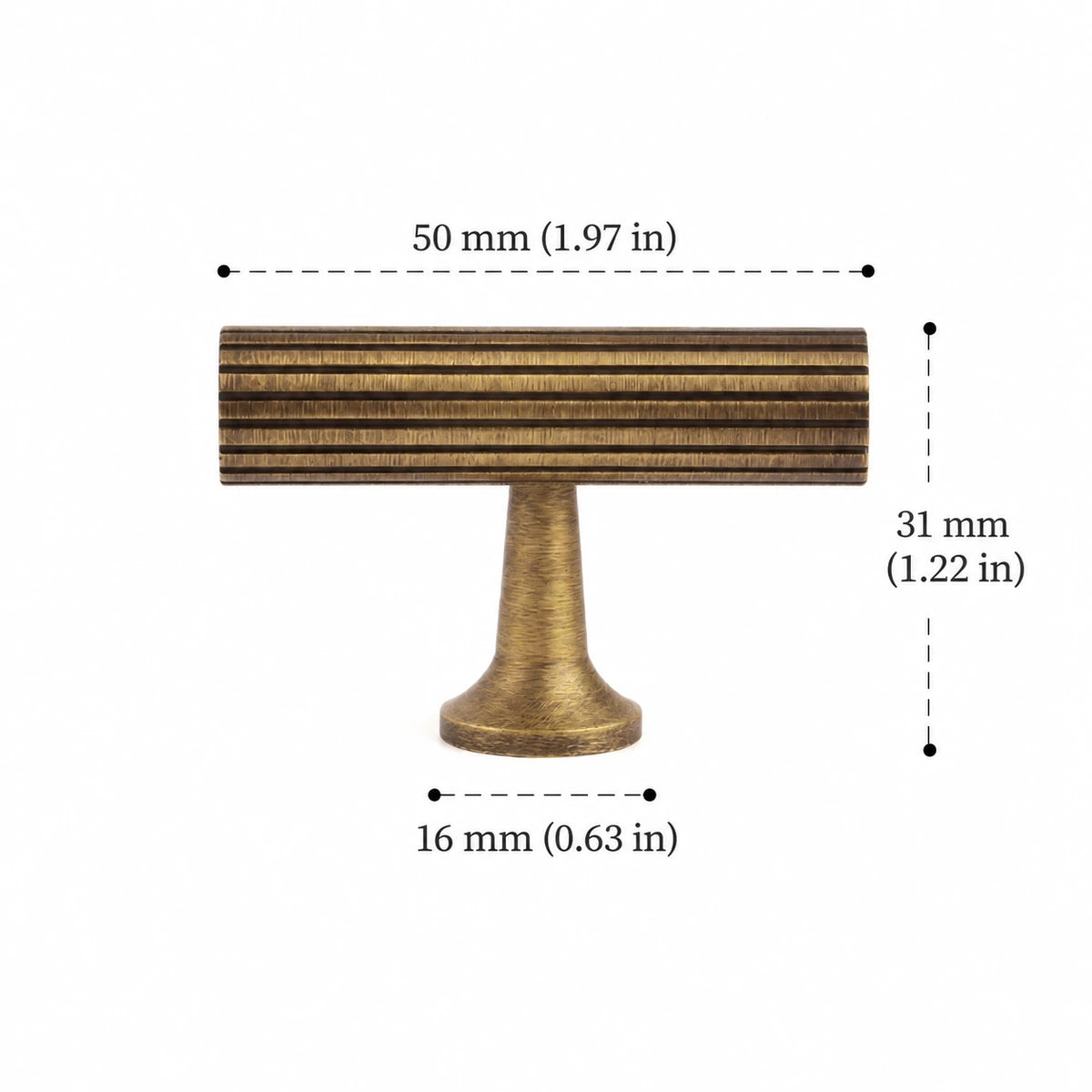 Antique brass fluted t-knob with 50 mm length, dimensions in inches and mm