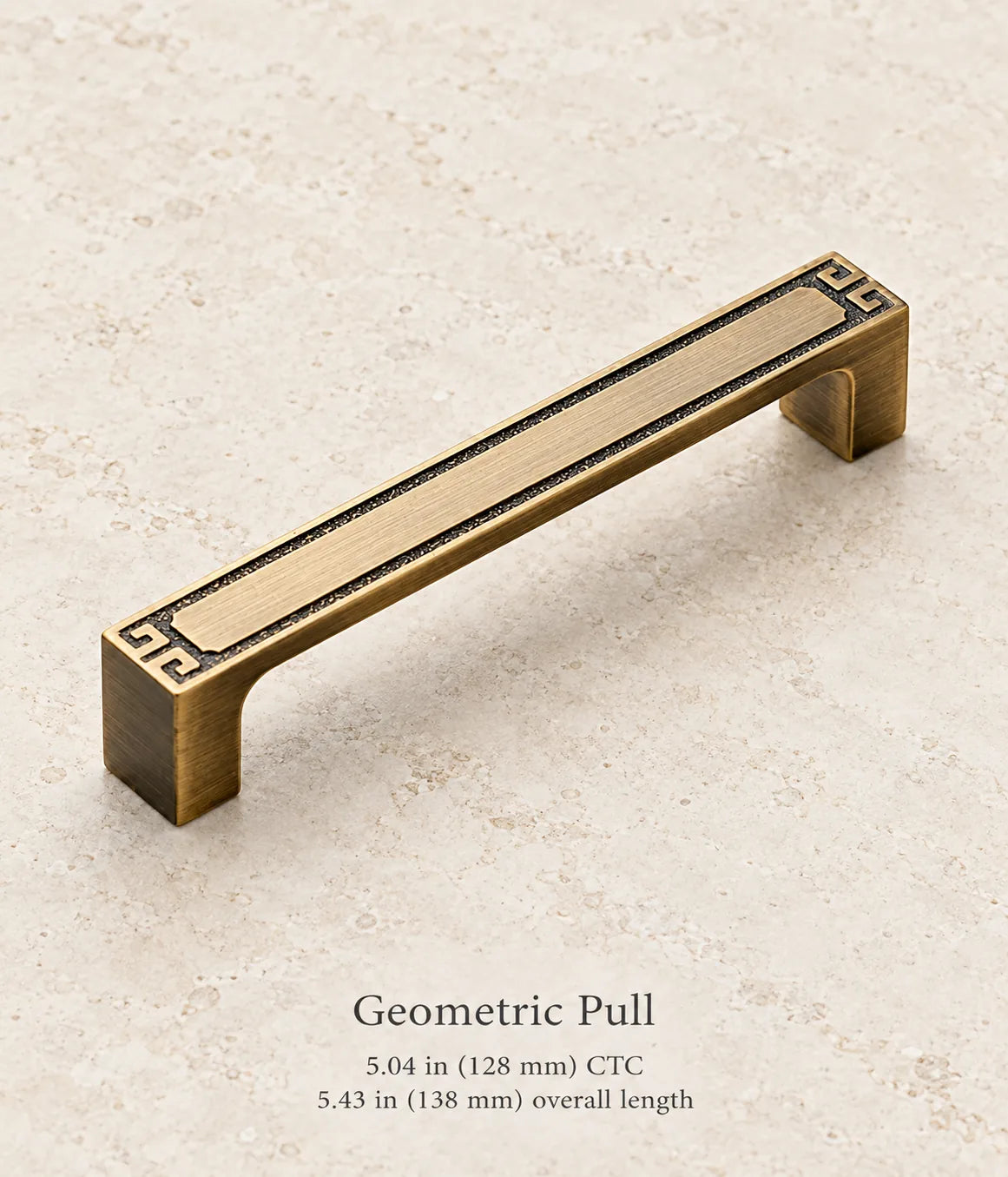 Antique brass geometric pull, 5.04 in (128 mm) CTC, 5.43 in (138 mm) overall length
