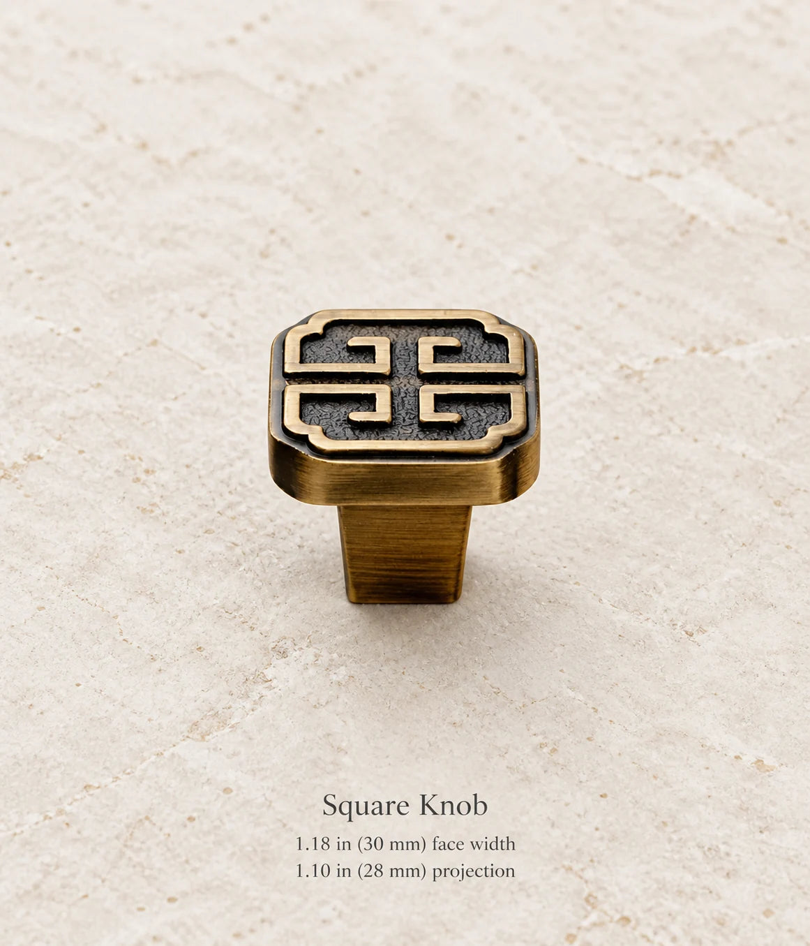 Antique brass square knob, 1.18 in (30 mm) face width, 1.10 in (28 mm) projection