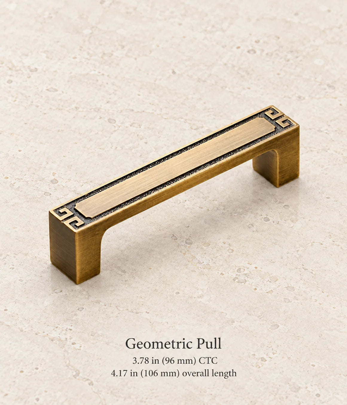 Antique brass geometric pull, 3.78 in (96 mm) CTC, 4.17 in (106 mm) overall length