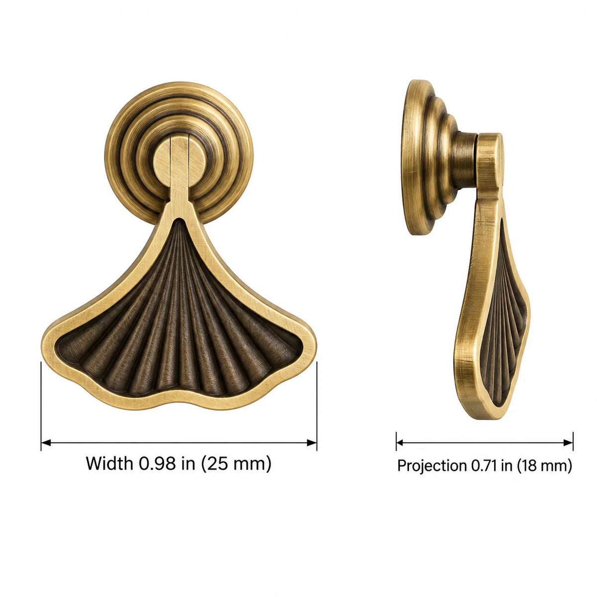 Antique brass ginkgo fan pendant pull dimensions in inches and mm