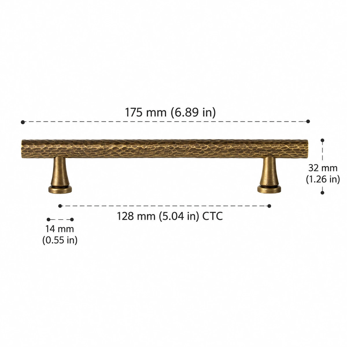 Antique brass hammered bar pull with 128 mm CTC, dimensions in inches and mm