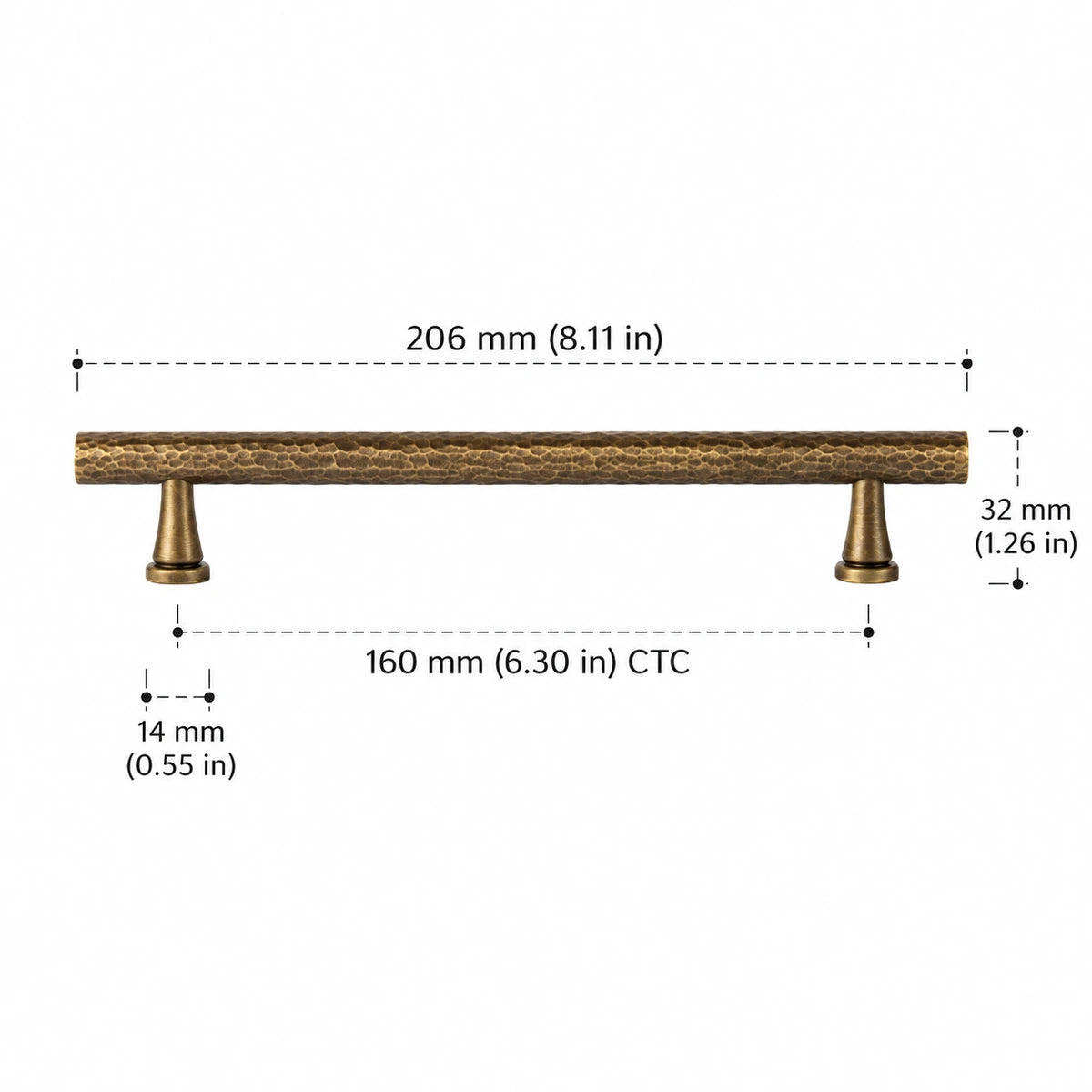 Antique brass hammered bar pull with 160 mm CTC, dimensions in inches and mm
