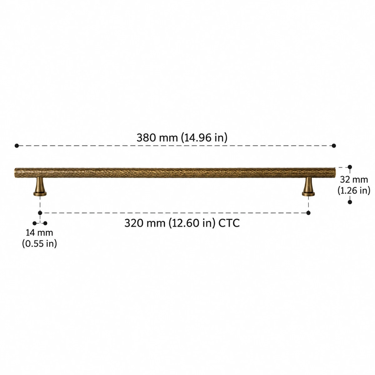 Antique brass hammered bar pull with 320 mm CTC, dimensions in inches and mm
