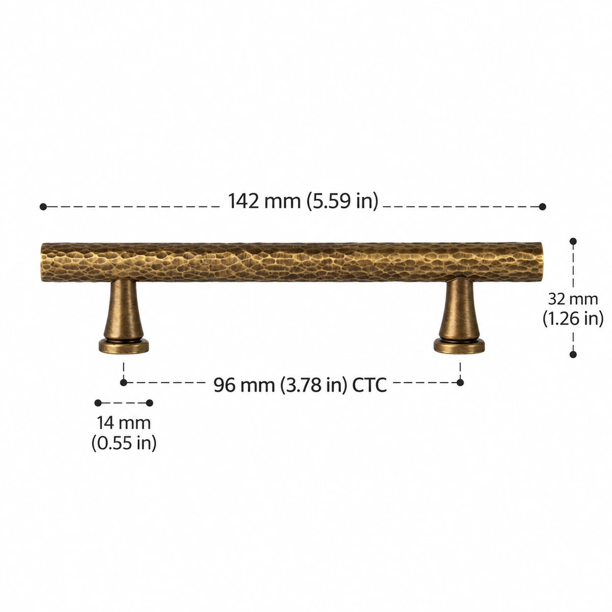 Antique brass hammered bar pull with 96 mm CTC, dimensions in inches and mm