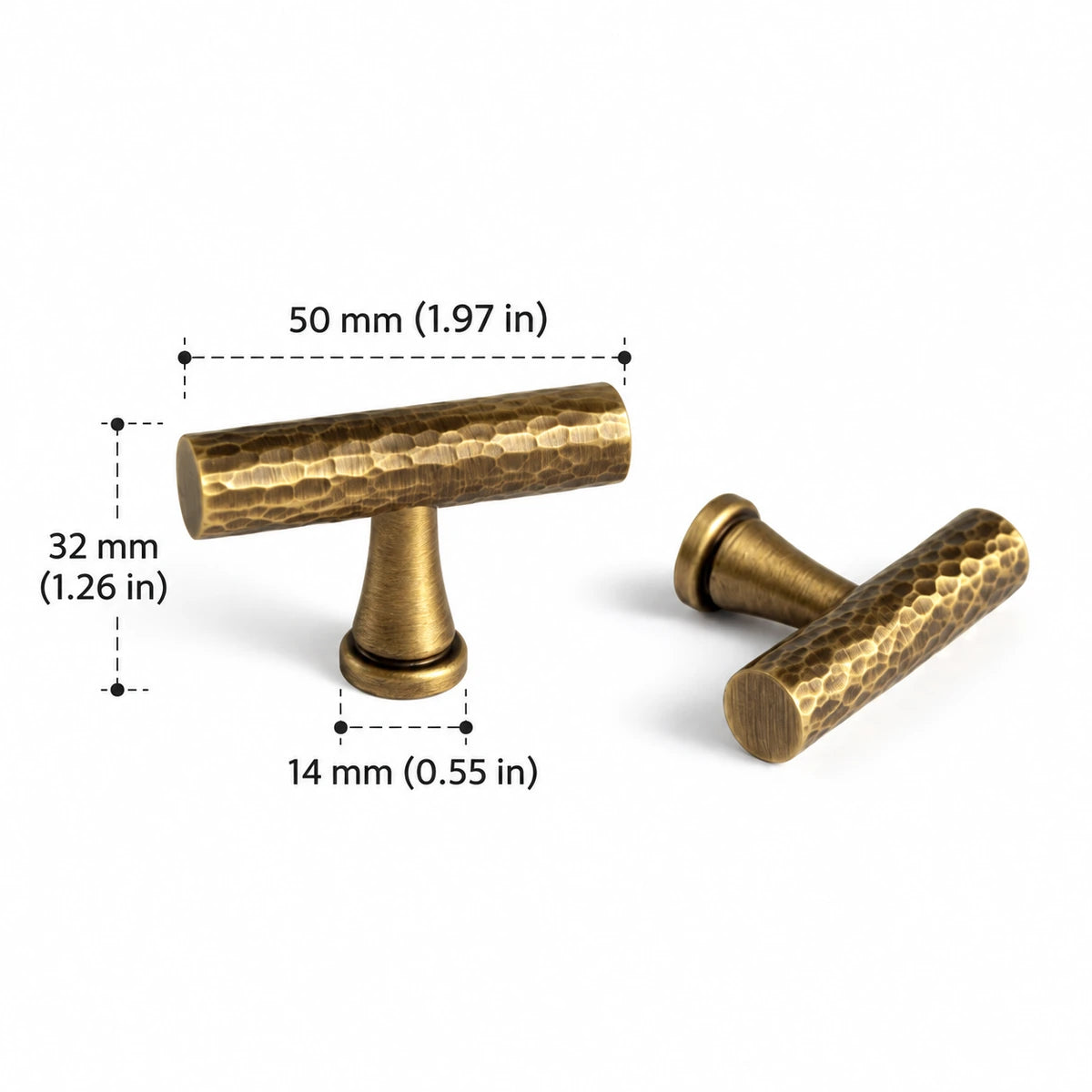 Antique brass hammered t-knob with 50 mm length, dimensions in inches and mm