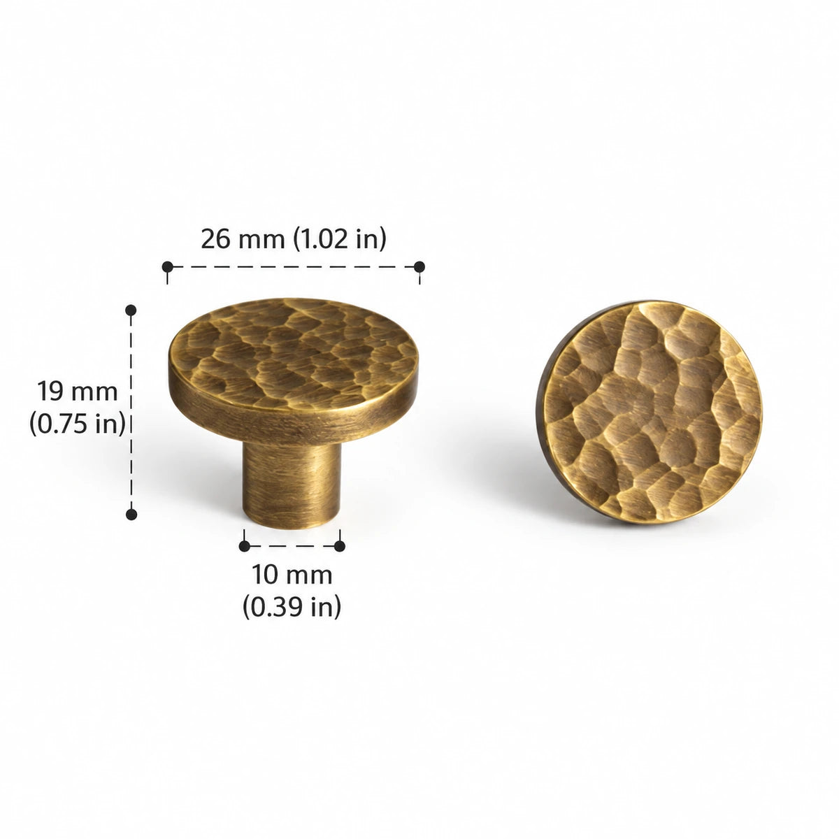 Antique brass hammered flat disc knob with 26 mm diameter, dimensions in inches and mm