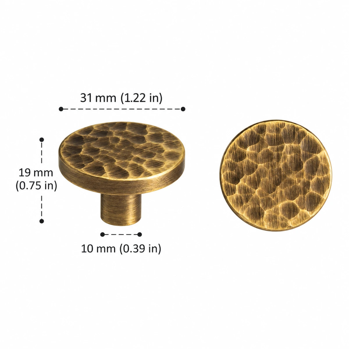 Antique brass hammered flat disc knob with 31 mm diameter, dimensions in inches and mm