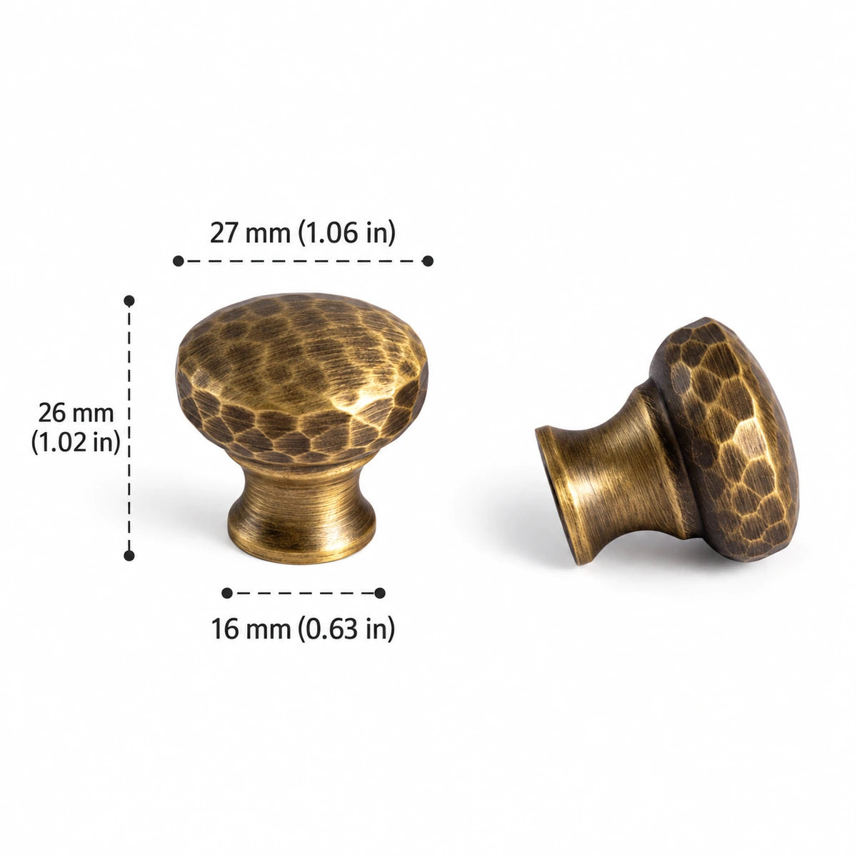 Antique brass hammered low dome knob with 27 mm diameter, dimensions in inches and mm