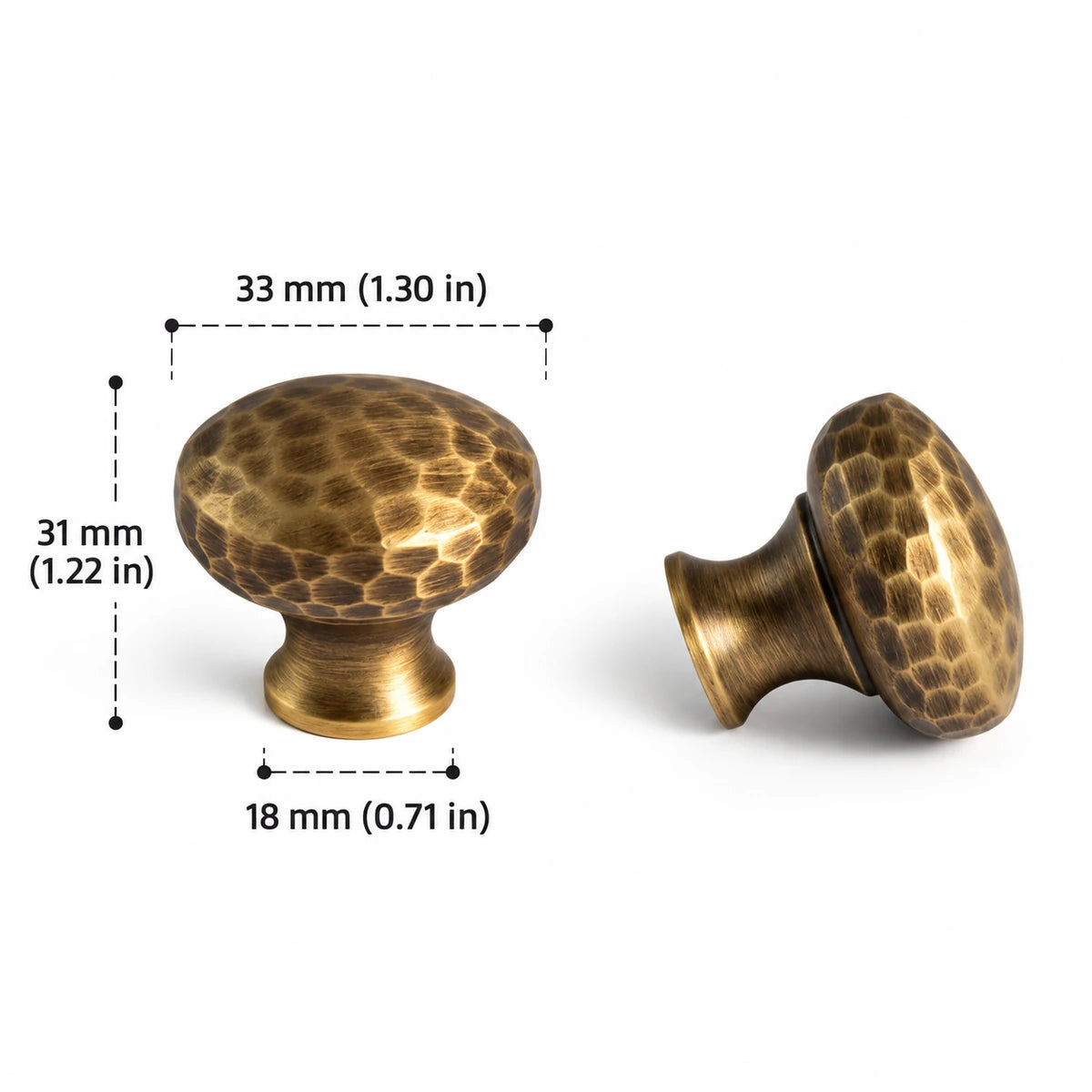 Antique brass hammered low dome knob with 33 mm diameter, dimensions in inches and mm