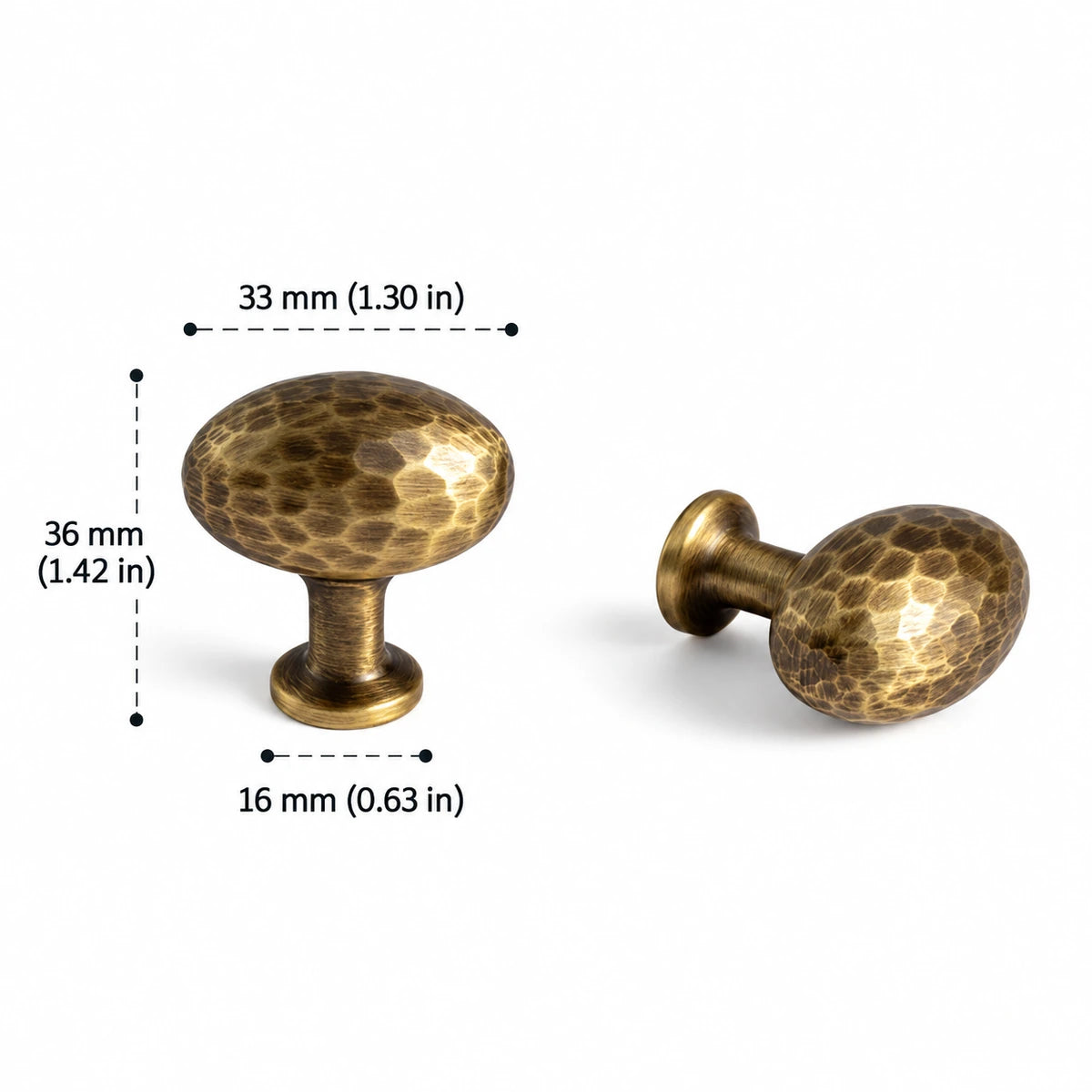 Antique brass hammered tall dome knob with 33 mm diameter, dimensions in inches and mm