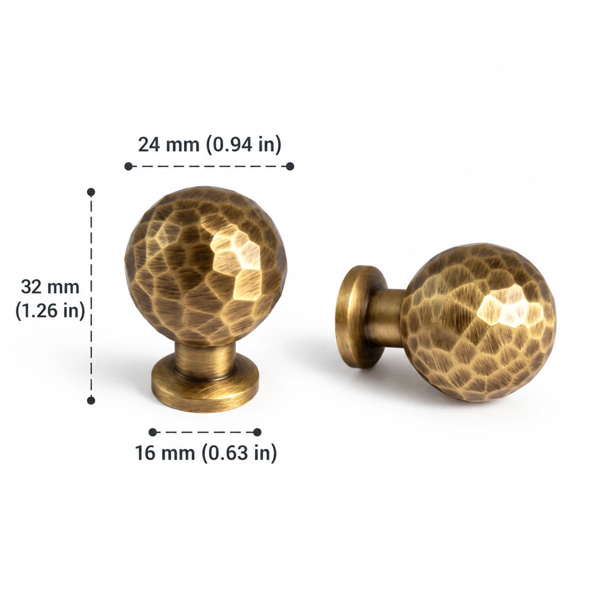Antique brass hammered round-base ball knob with 24 mm diameter, dimensions in inches and mm