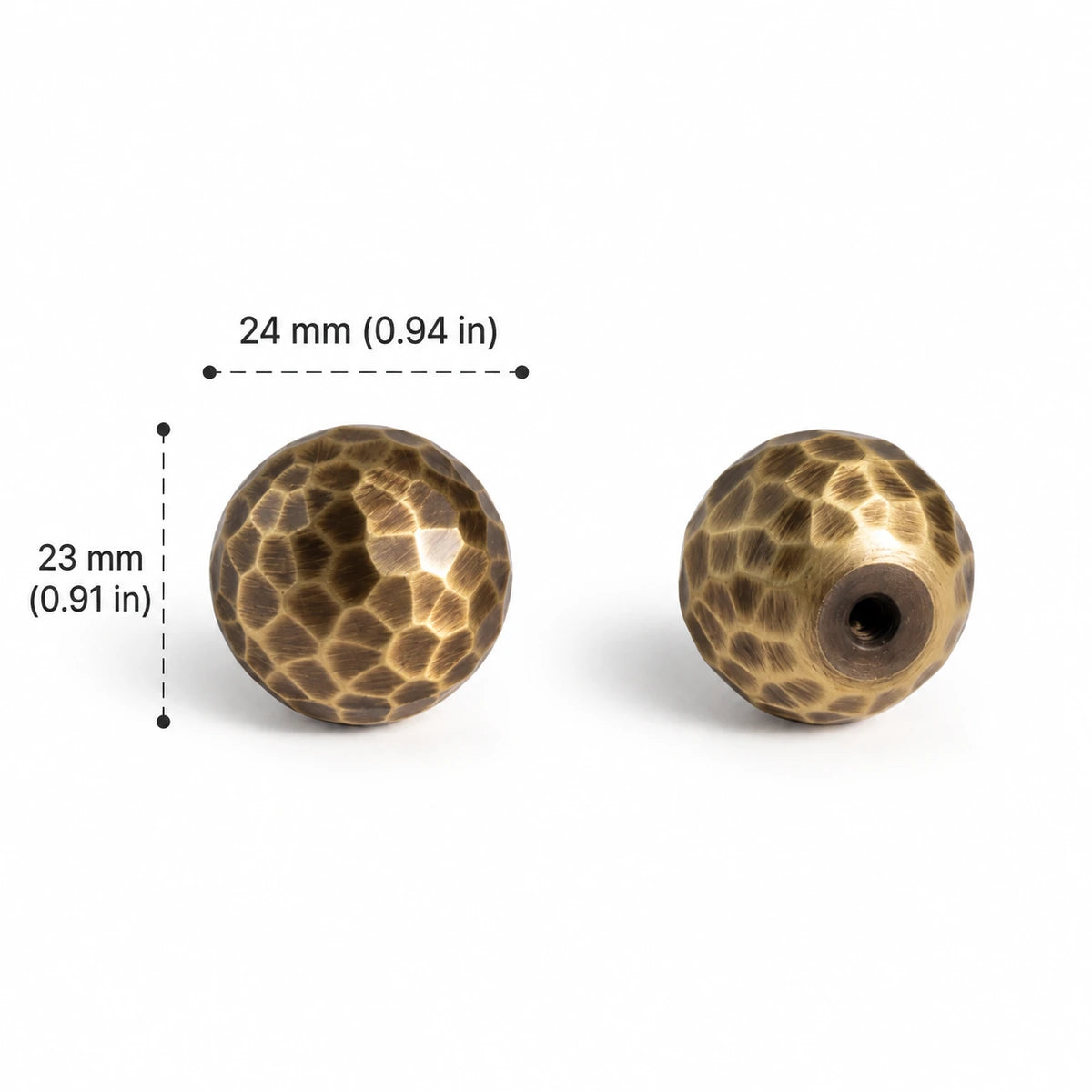 Antique brass hammered ball knob without stem with 24 mm diameter, dimensions in inches and mm