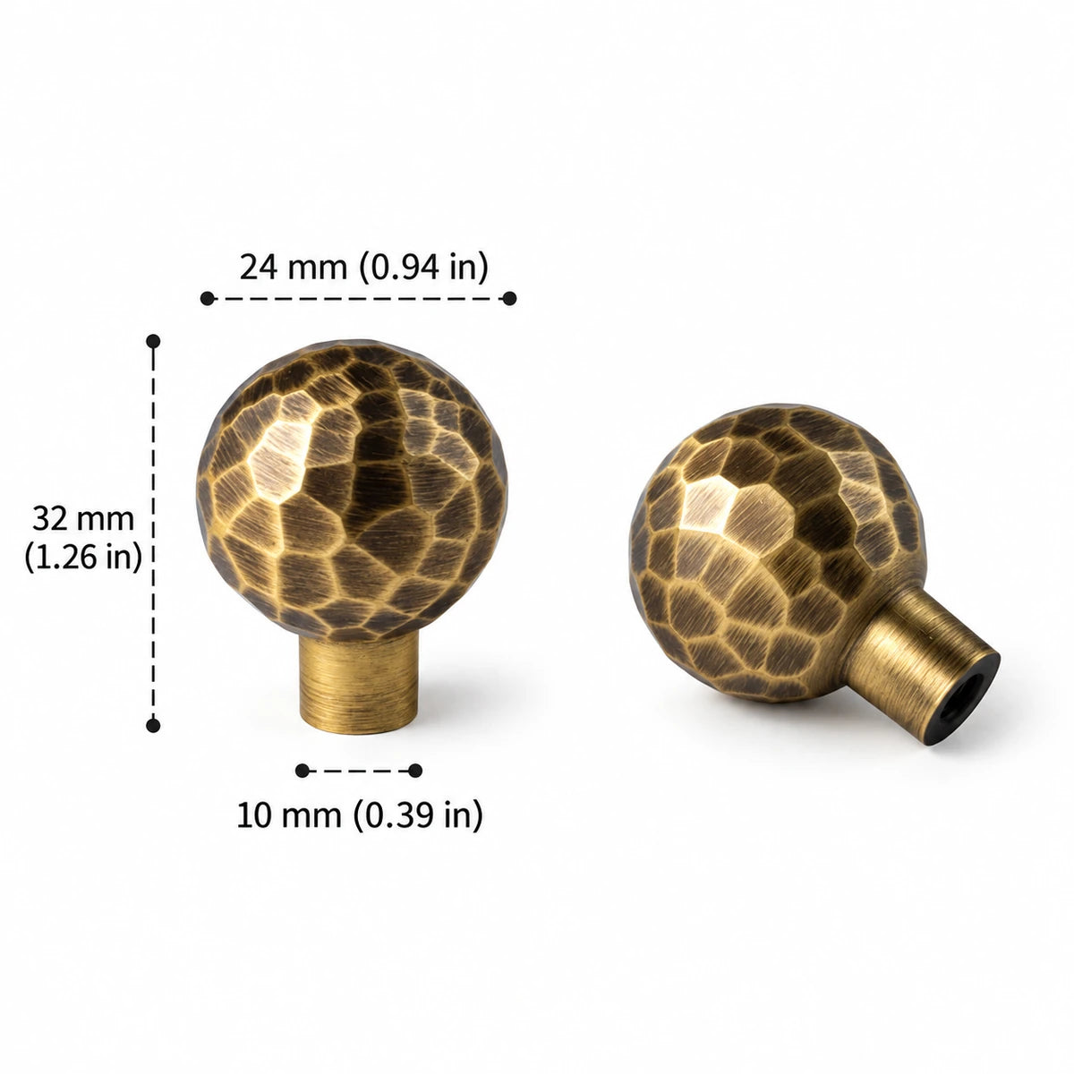 Antique brass hammered slim-stem ball knob with 24 mm diameter, dimensions in inches and mm