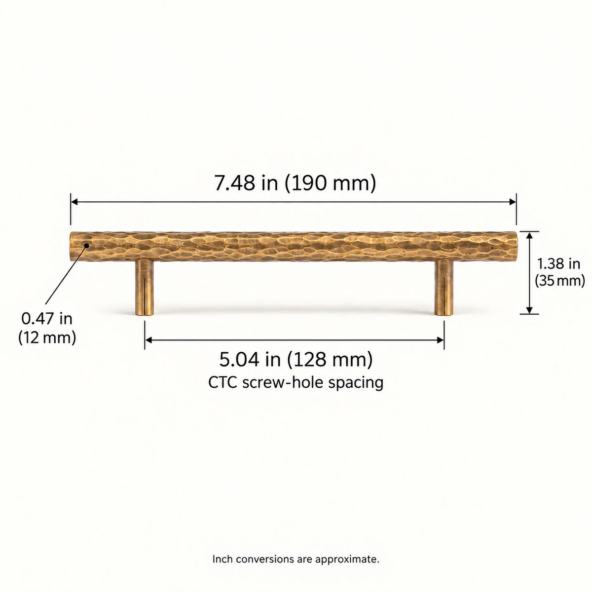 Pull — 5.04 in (128 mm) CTC dimensions for antique brass hammered cabinet hardware