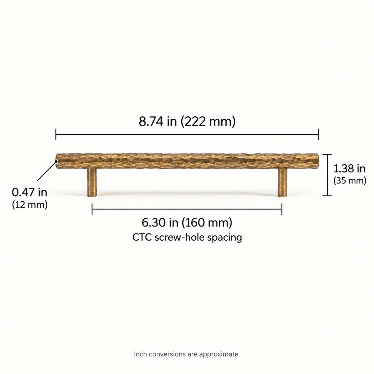 Pull — 6.30 in (160 mm) CTC dimensions for antique brass hammered cabinet hardware