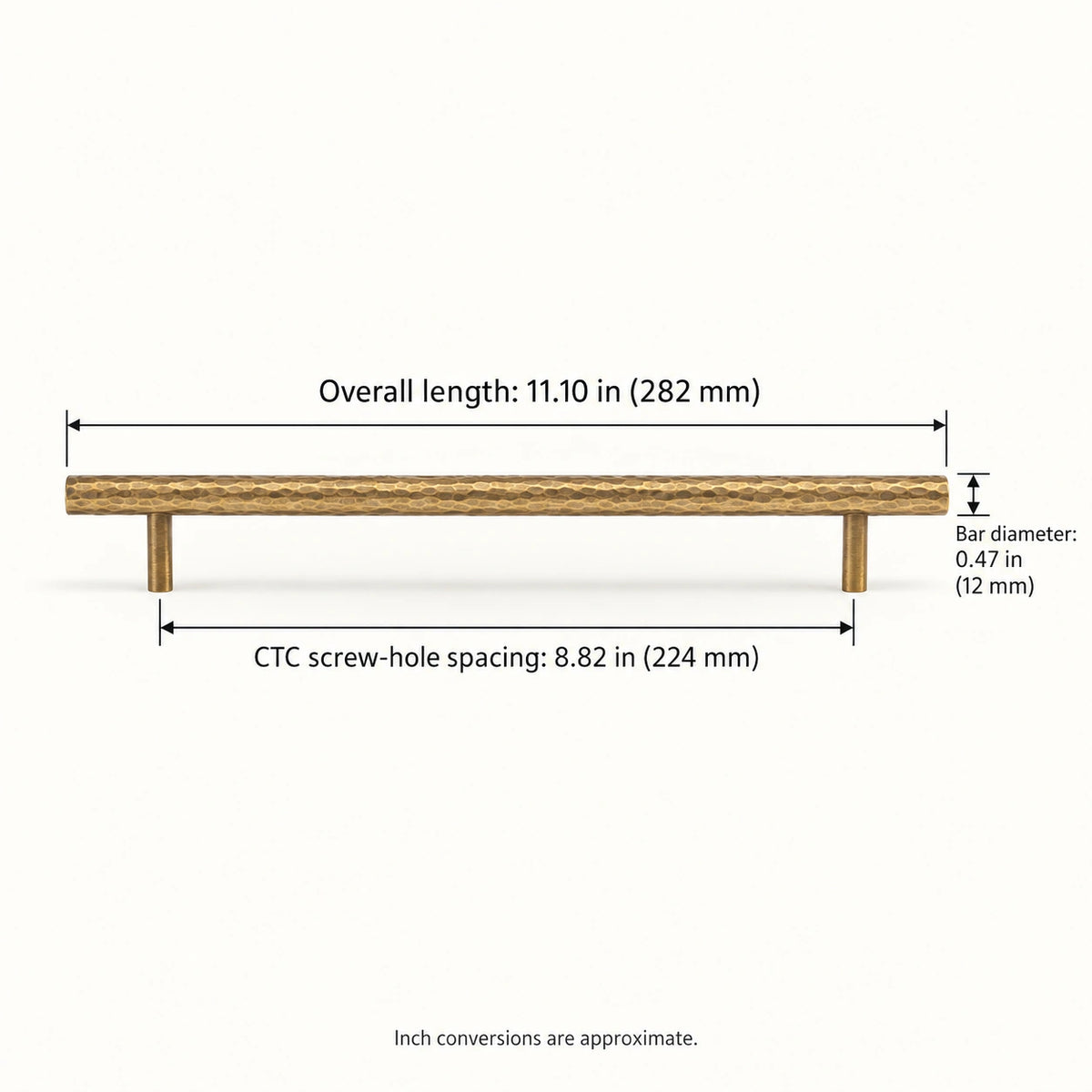 Pull — 8.82 in (224 mm) CTC dimensions for antique brass hammered cabinet hardware