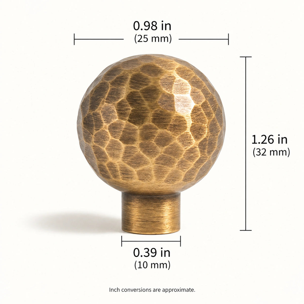 Ball Knob — 0.98 in (25 mm) Diameter dimensions for antique brass hammered cabinet hardware