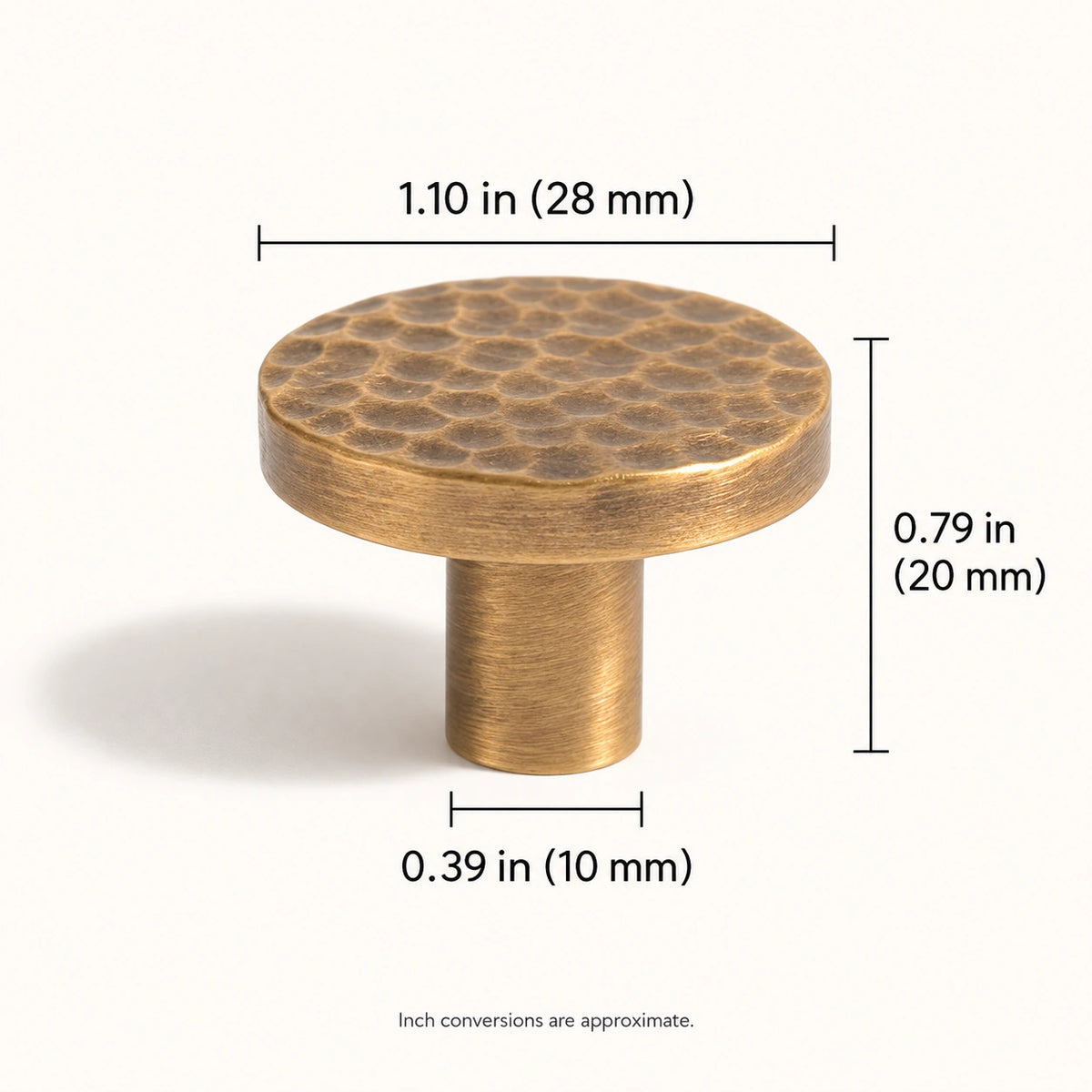 Flat Knob — 1.10 in (28 mm) Diameter dimensions for antique brass hammered cabinet hardware