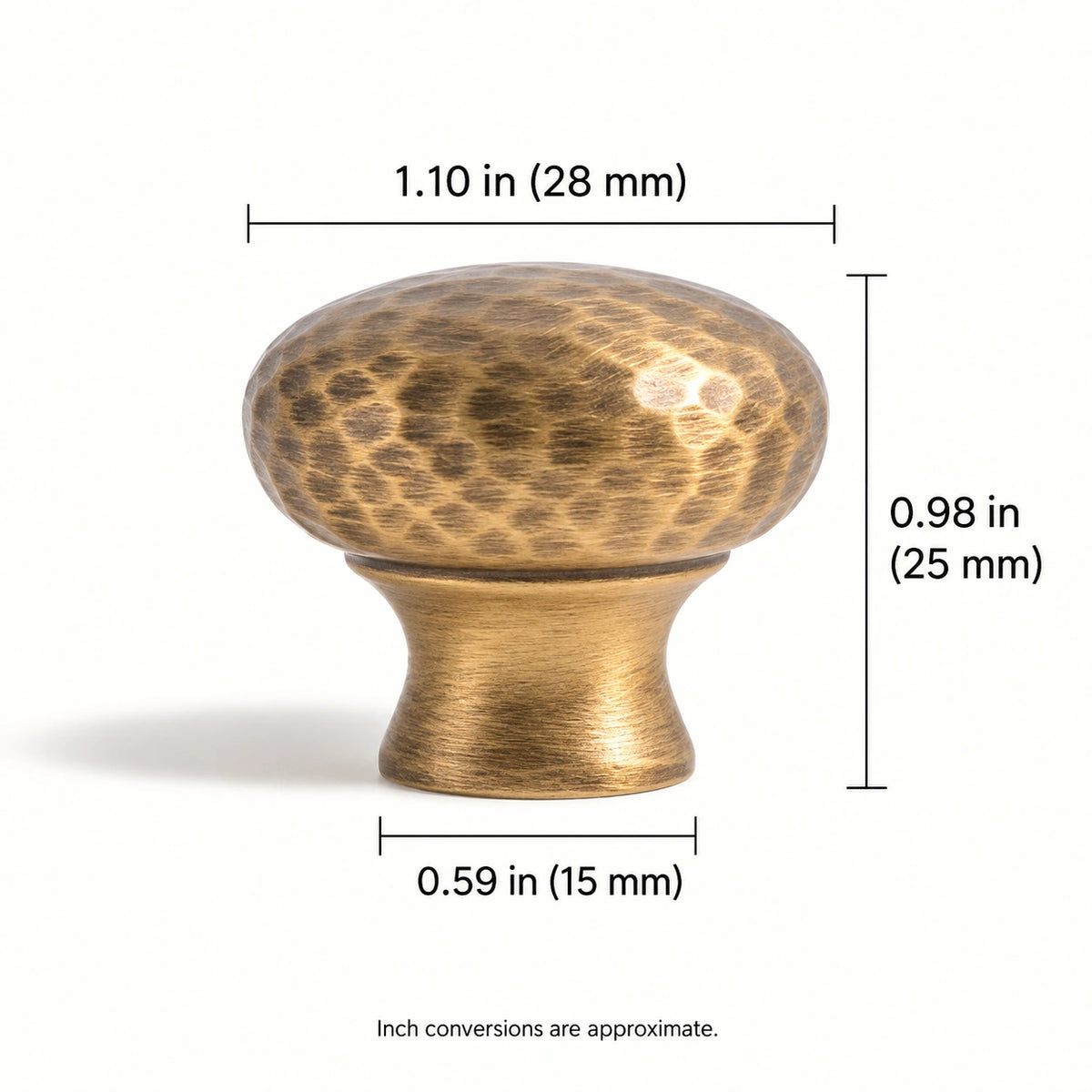 Domed Knob — 1.10 in (28 mm) Diameter dimensions for antique brass hammered cabinet hardware