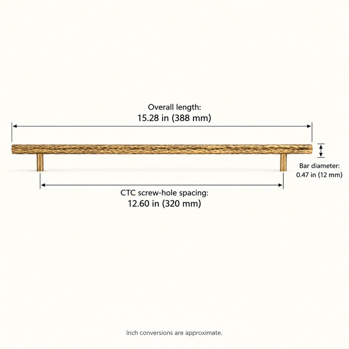 Pull — 12.60 in (320 mm) CTC dimensions for antique brass hammered cabinet hardware