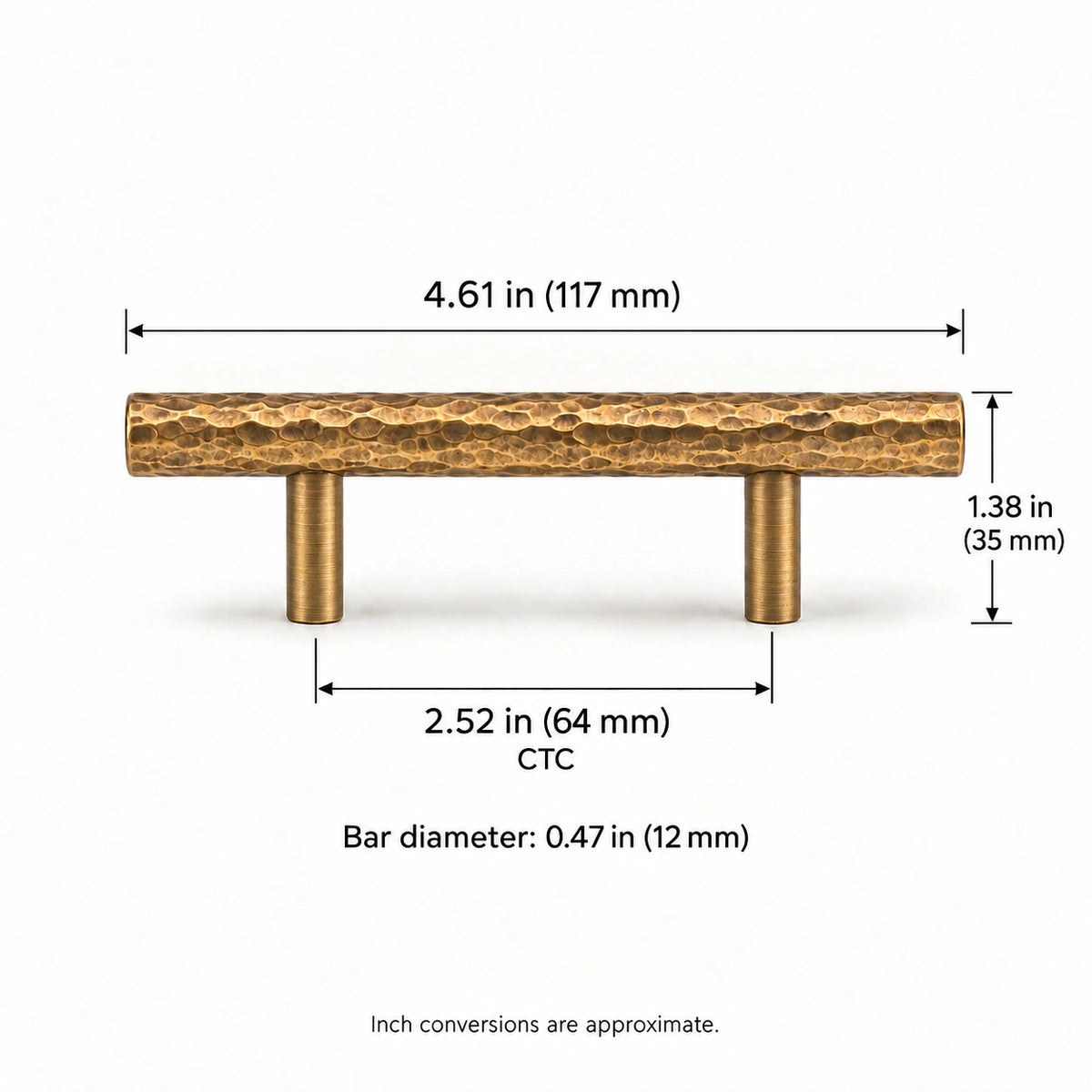 Pull — 2.52 in (64 mm) CTC dimensions for antique brass hammered cabinet hardware