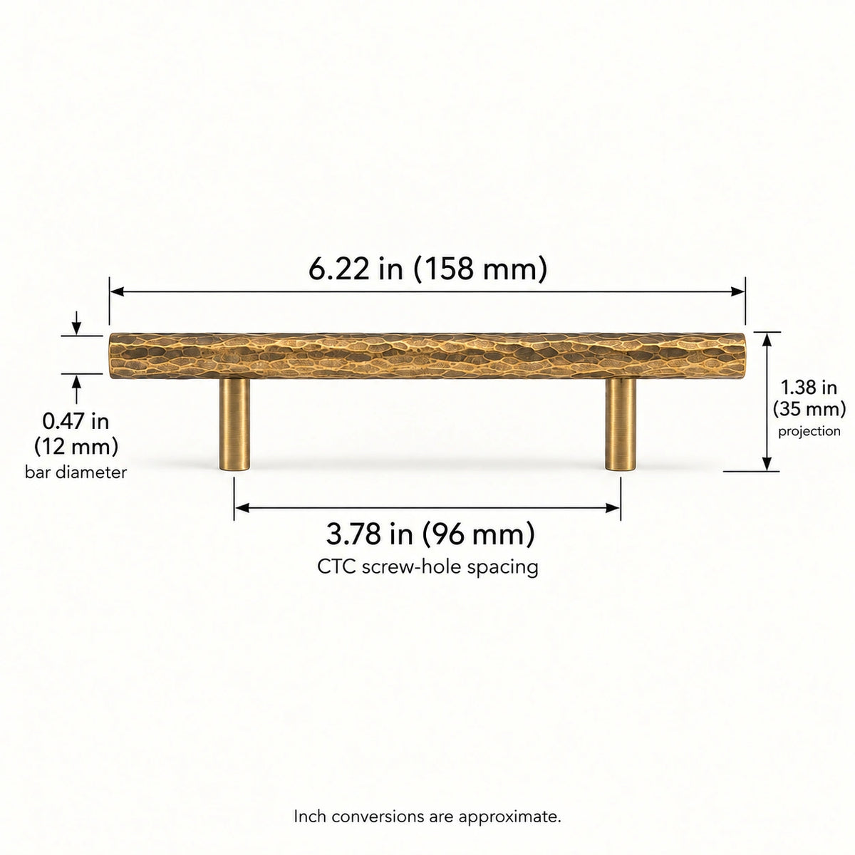 Pull — 3.78 in (96 mm) CTC dimensions for antique brass hammered cabinet hardware