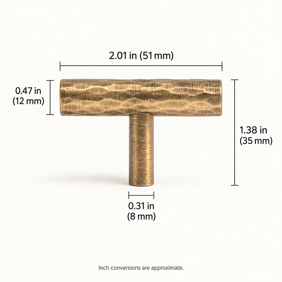 T-Knob — 2.01 in (51 mm) Length dimensions for antique brass hammered cabinet hardware