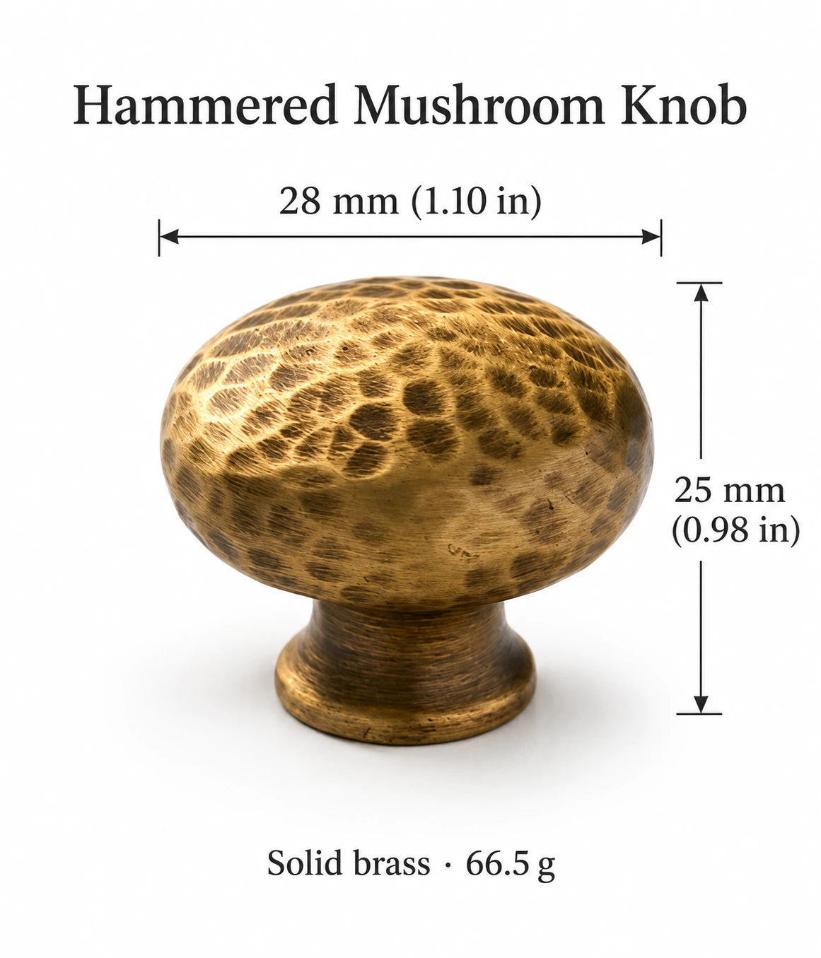 28 mm hammered mushroom cabinet knob, 1.10 inch diameter and 0.98 inch height