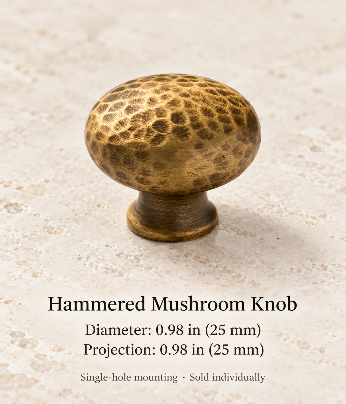 Antique brass hammered mushroom knob, diameter: 0.98 in (25 mm)