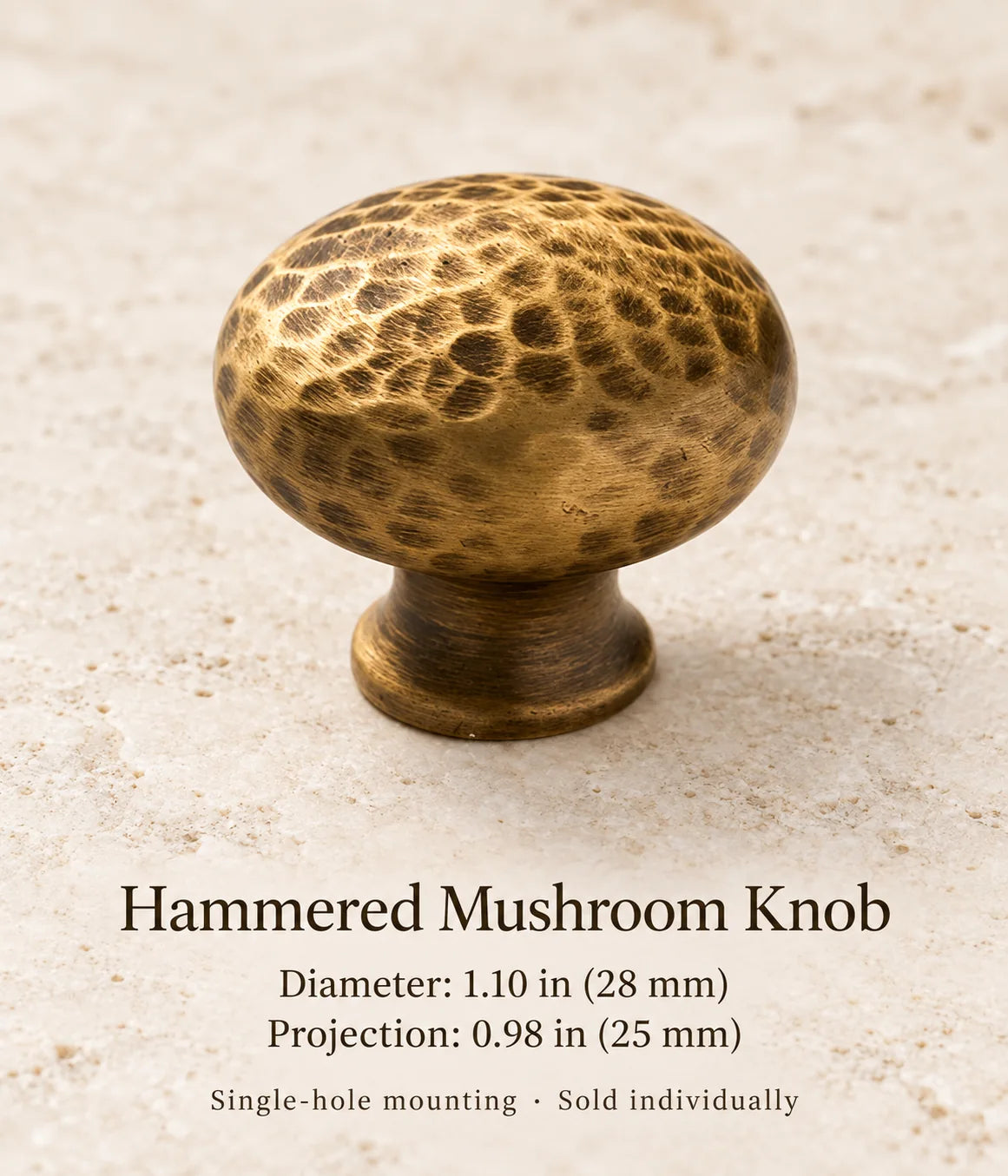 Antique brass hammered mushroom knob, diameter: 1.10 in (28 mm)