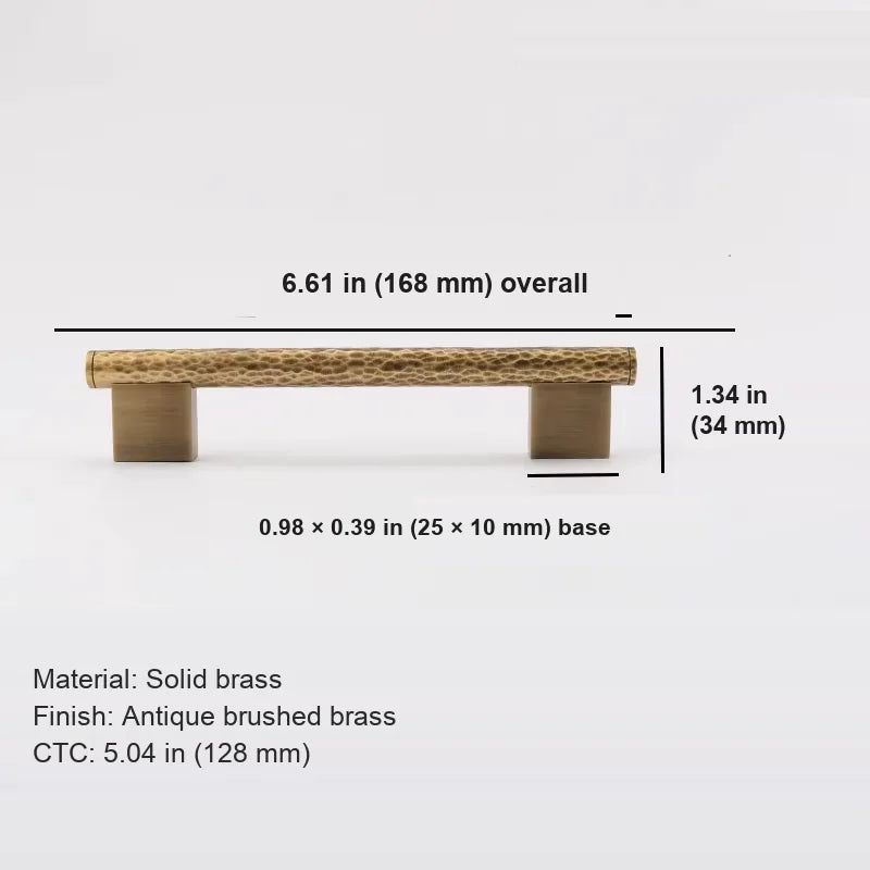 Antique brass hammered cabinet pull dimensions with 5.04 inch 128 mm center-to-center spacing