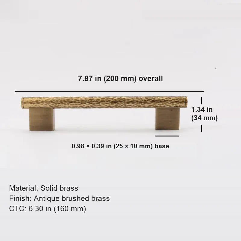 Antique brass hammered cabinet pull dimensions with 6.30 inch 160 mm center-to-center spacing