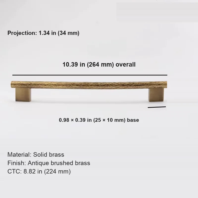 Antique brass hammered cabinet pull dimensions with 8.82 inch 224 mm center-to-center spacing
