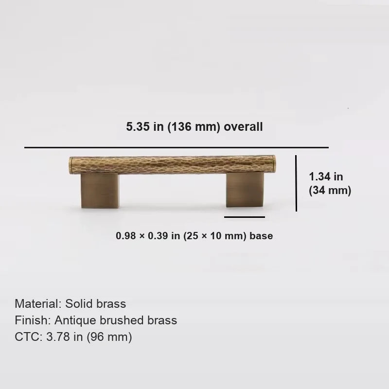 Antique brass hammered cabinet pull dimensions with 3.78 inch 96 mm center-to-center spacing