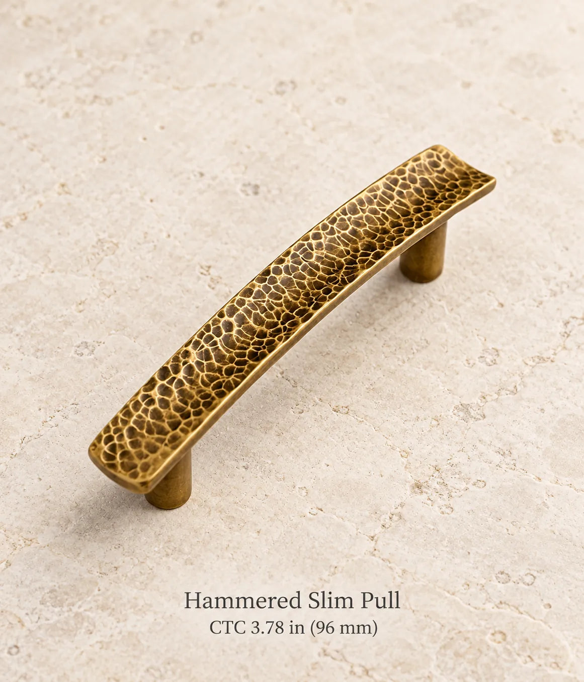 Antique brass hammered slim pull, ctc 3.78 in (96 mm)