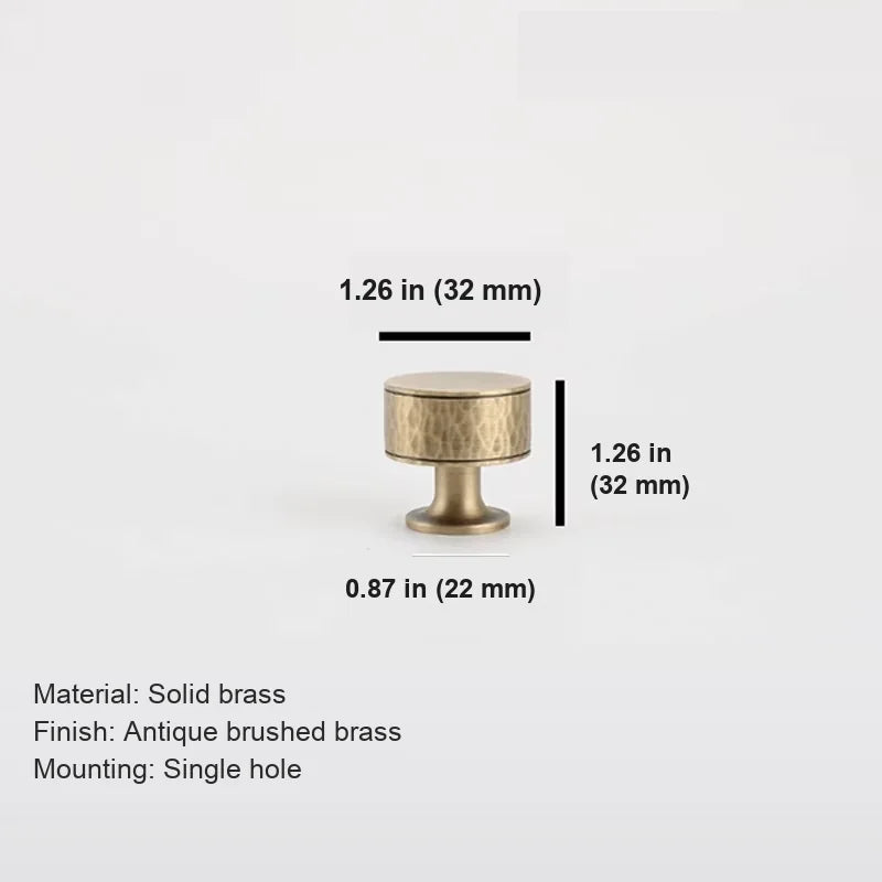 Antique brass hammered round knob dimensions in inches and millimeters