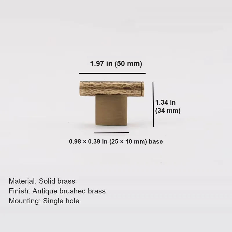 Antique brass hammered T-knob dimensions in inches and millimeters
